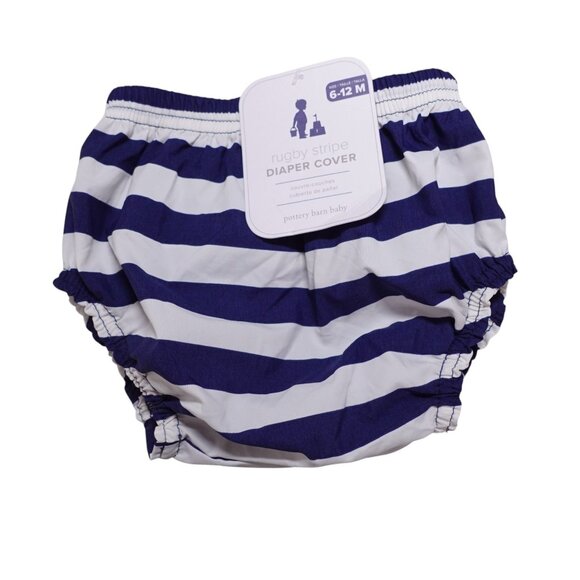 NWT Pottery Barn Kids Diaper Cover 6-12M Blue White Rugby Stripe Water Resistant - Picture 1 of 4